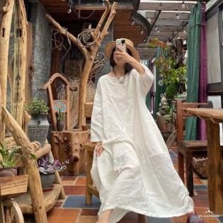 Wash pure linen hand-embroidered dress gown